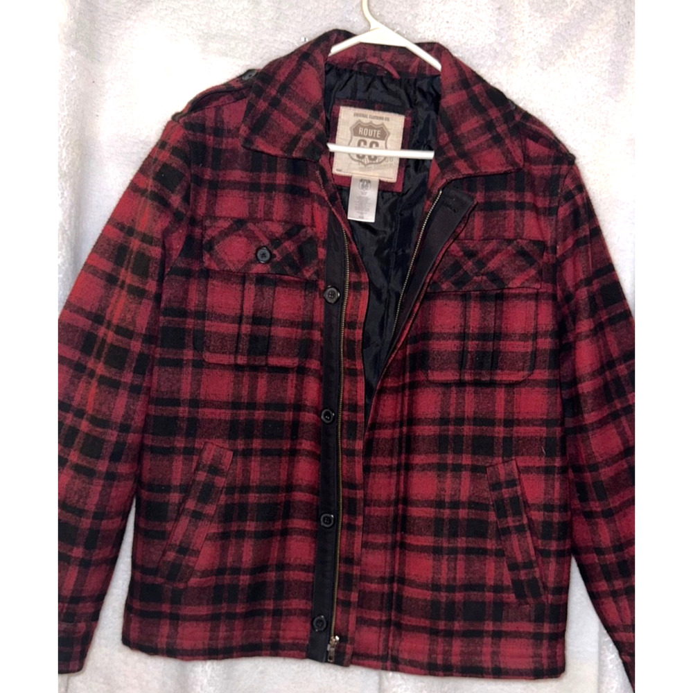 Route 66 Jacket Plaid Wool Blend Coat Medium Red Black Insulated Excellent